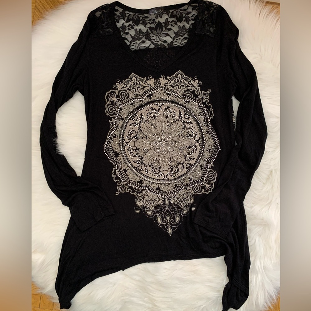 Vocal Black Lace Yoke Graphic Embellished Long Sleeve Tunic Size Medium
